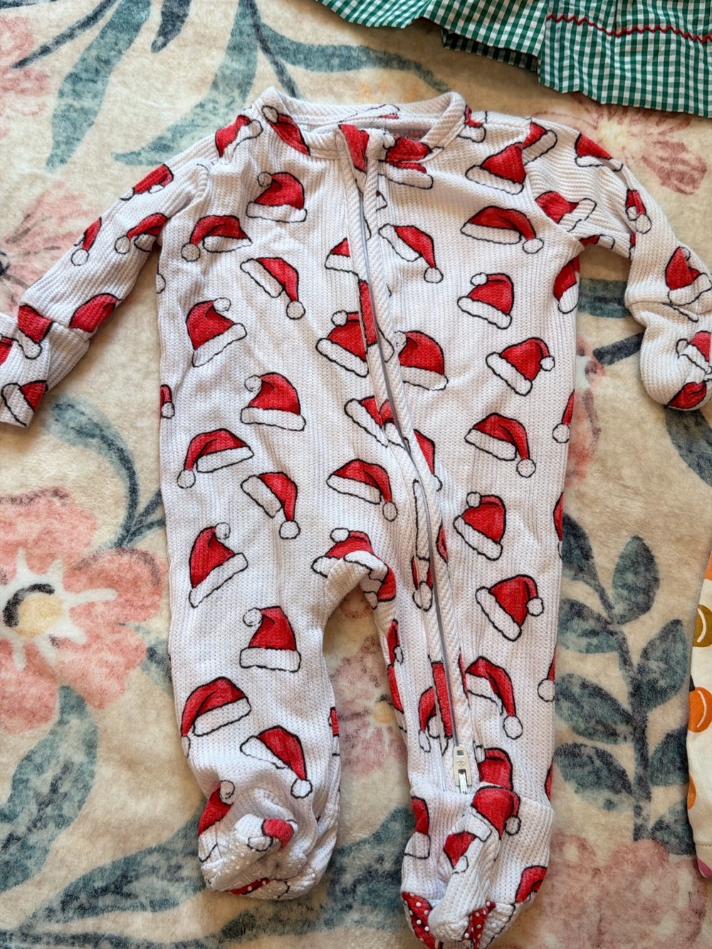 Caden Lane White Footed Pajamas with Red Santa Hat Print